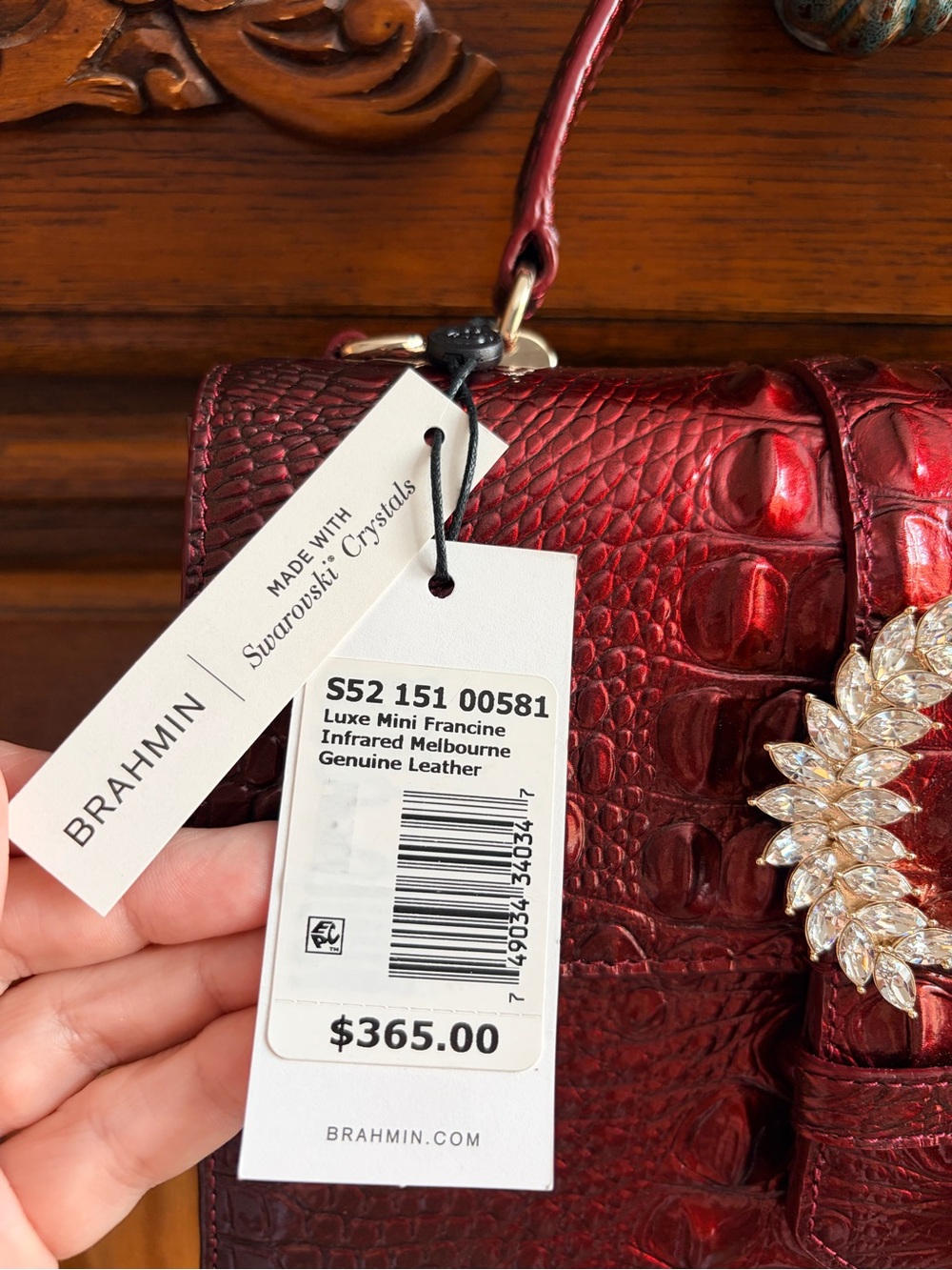 Brahmin Red Croc-Embossed Satchel with Swarovski Wreath Buckle, and Bird Charm - Picture 3 of 12